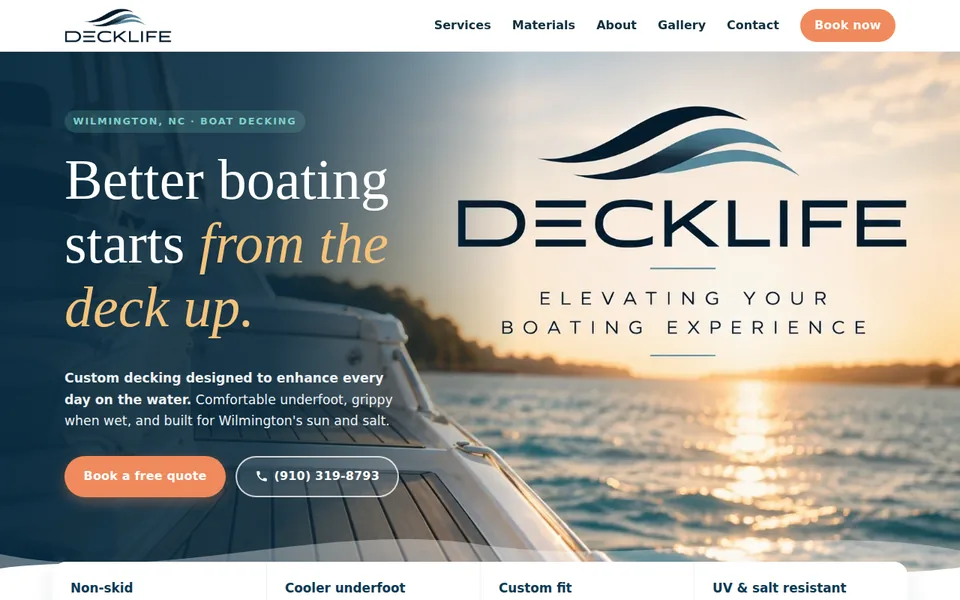 Screenshot of the DeckLife website: a sunset boat deck photo with the DeckLife logo and the headline Better boating starts from the deck up