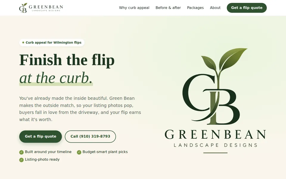 Screenshot of the Green Bean Landscape Designs website with its sprout logo and the headline Finish the flip at the curb